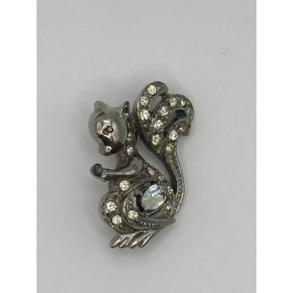 Vtg 40s Pot Metal Figural Squirrel Rhinestone Broach Whimsical